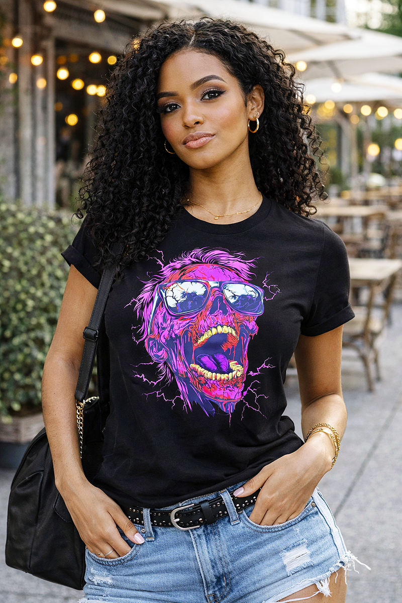 Neon Meltdown purple skull sunglasses lightning tee worn by model black t-shirt café outdoor