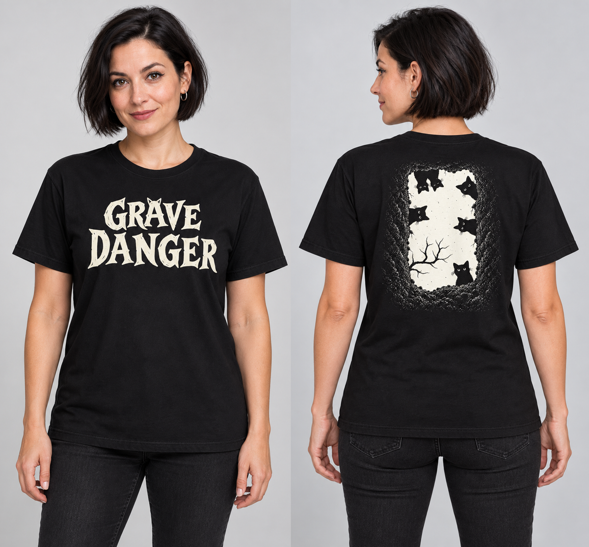 grave danger t-shirt, black graphic tee, gothic wordmark front design, black cat grave illustration back, two-sided halloween shirt, spooky cemetery graphic print, cream ink gothic lettering, torn earth night sky design, eerie cat peeking art, unisex crew neck shirt