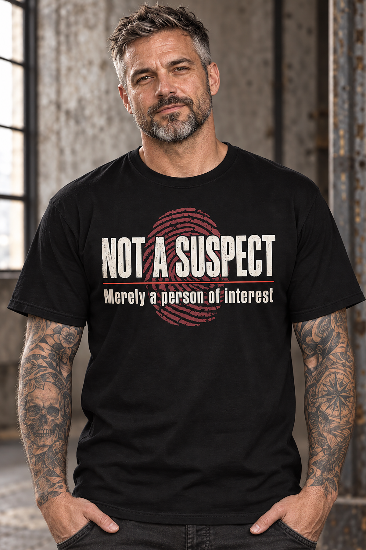 A man with tattoos wearing a not a suspect t-shirt, black graphic tee, distressed typography design, fingerprint graphic print, true crime humor shirt, sarcastic statement tee, red underline text design, vintage case file aesthetic, ironic quote graphic, unisex crew neck shirt