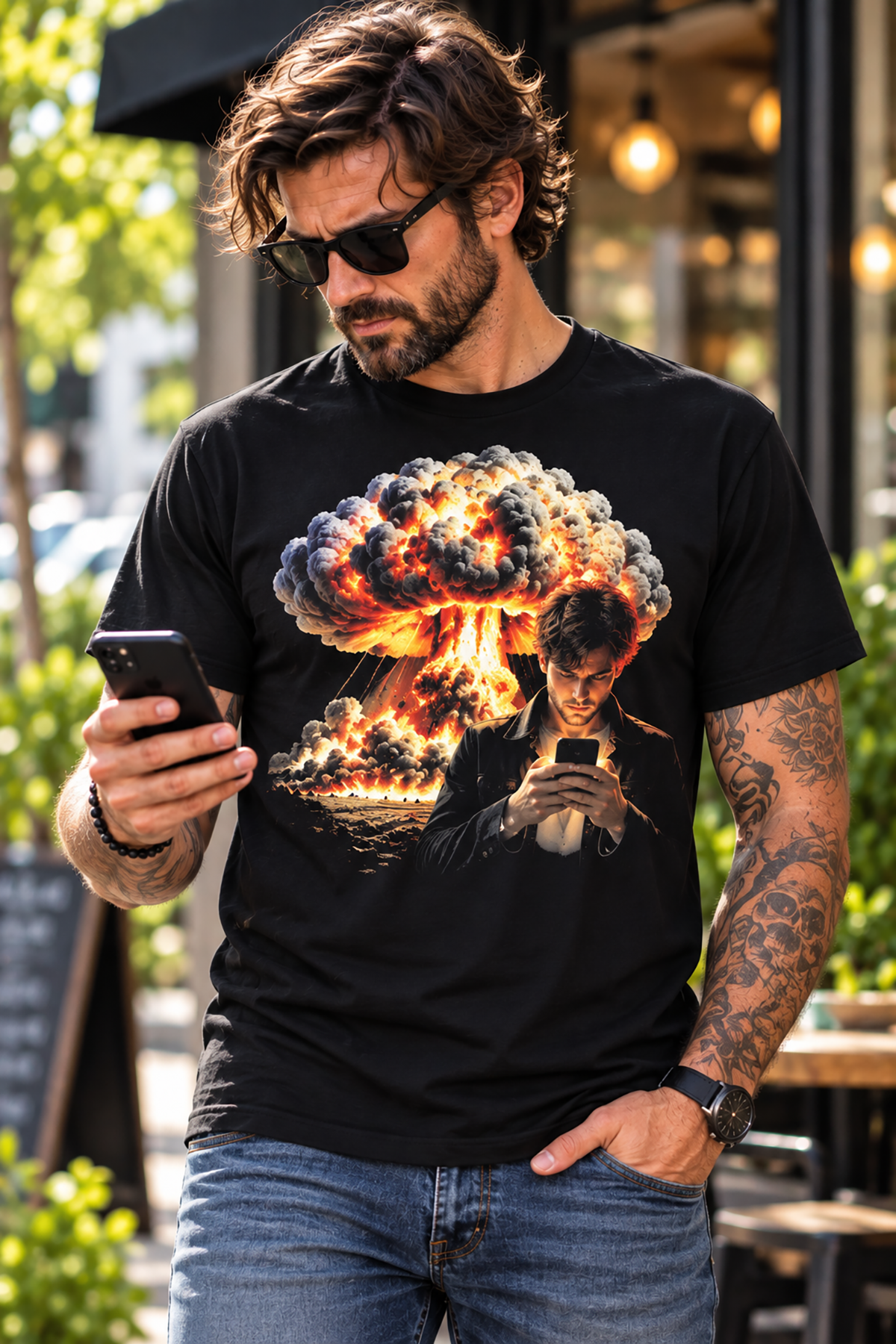 A man wearing a photo bombing t-shirt, black graphic tee, guy on phone illustration, mushroom cloud explosion graphic design, nuclear blast background art, distracted phone humor print, viral photobomb concept shirt, apocalyptic backdrop graphic, unisex crew neck shirt