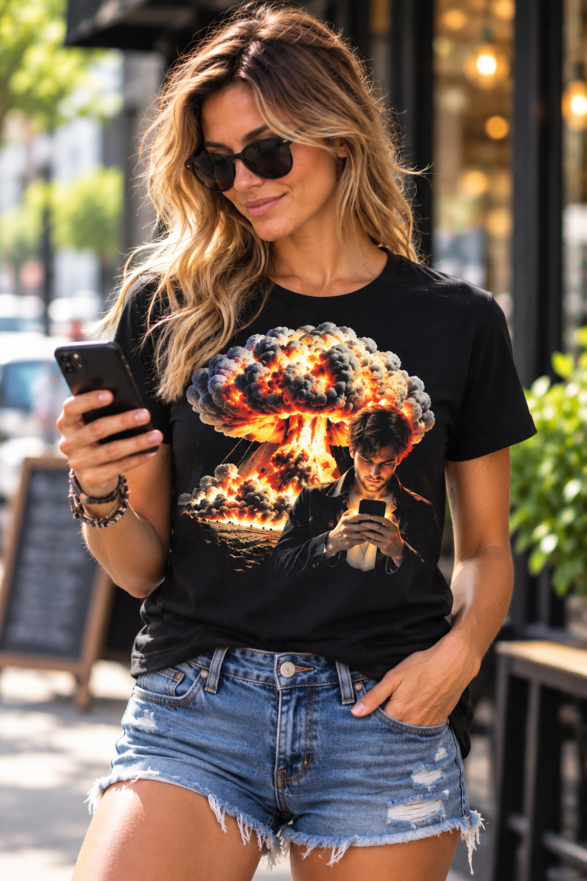 Photo Bombing Graphic Tee - Mushroom Cloud Phone Guy T-Shirt