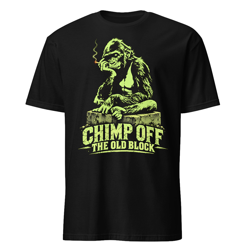 Mockup of a chimp off the old block t-shirt, black graphic tee, neon green gorilla illustration, smoking gorilla graphic design, cracked concrete block art, streetwear gorilla print, funny generational pun shirt, urban jungle style graphic, bold neon print design, unisex crew neck shirt