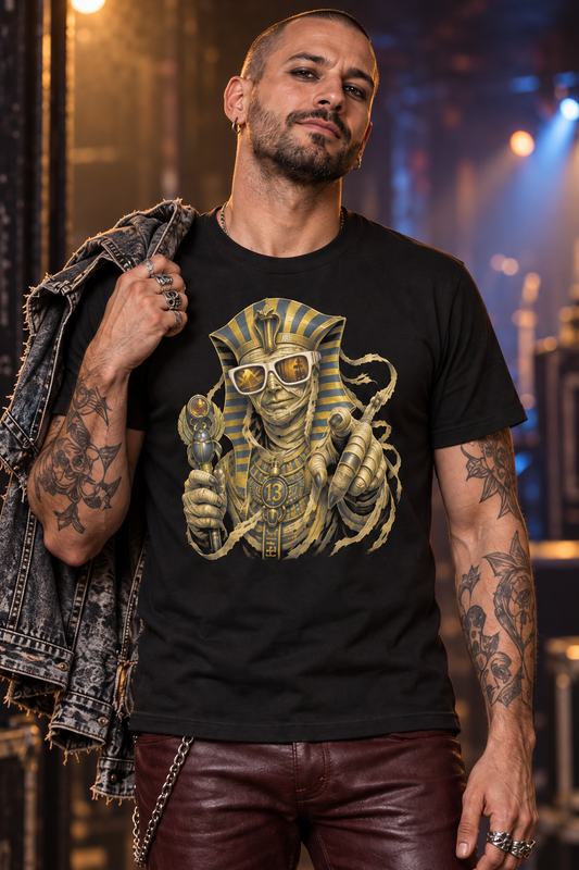 A man wearing a pharaoh mummy t-shirt, black graphic tee, egyptian king illustration, gold striped headdress design, bandaged pharaoh graphic, gothic sunglasses pyramid reflection, scarab scepter design, halloween mummy tee, ancient egyptian streetwear tee, unisex crew neck shirt