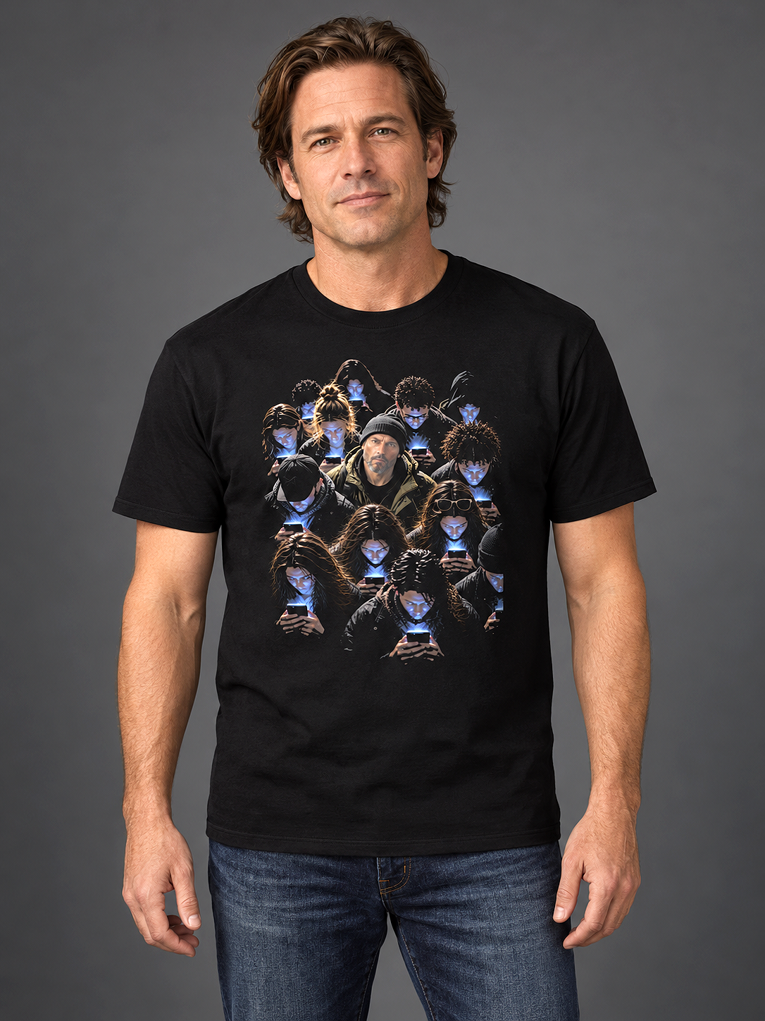 A man wearing a scroll zombies t-shirt, black graphic tee, crowd on phones illustration, glowing phone screen design, one person looking up graphic, zombie crowd portrait art, moody high-contrast print, social commentary streetwear graphic, phone addiction satire design, unisex crew neck shirt