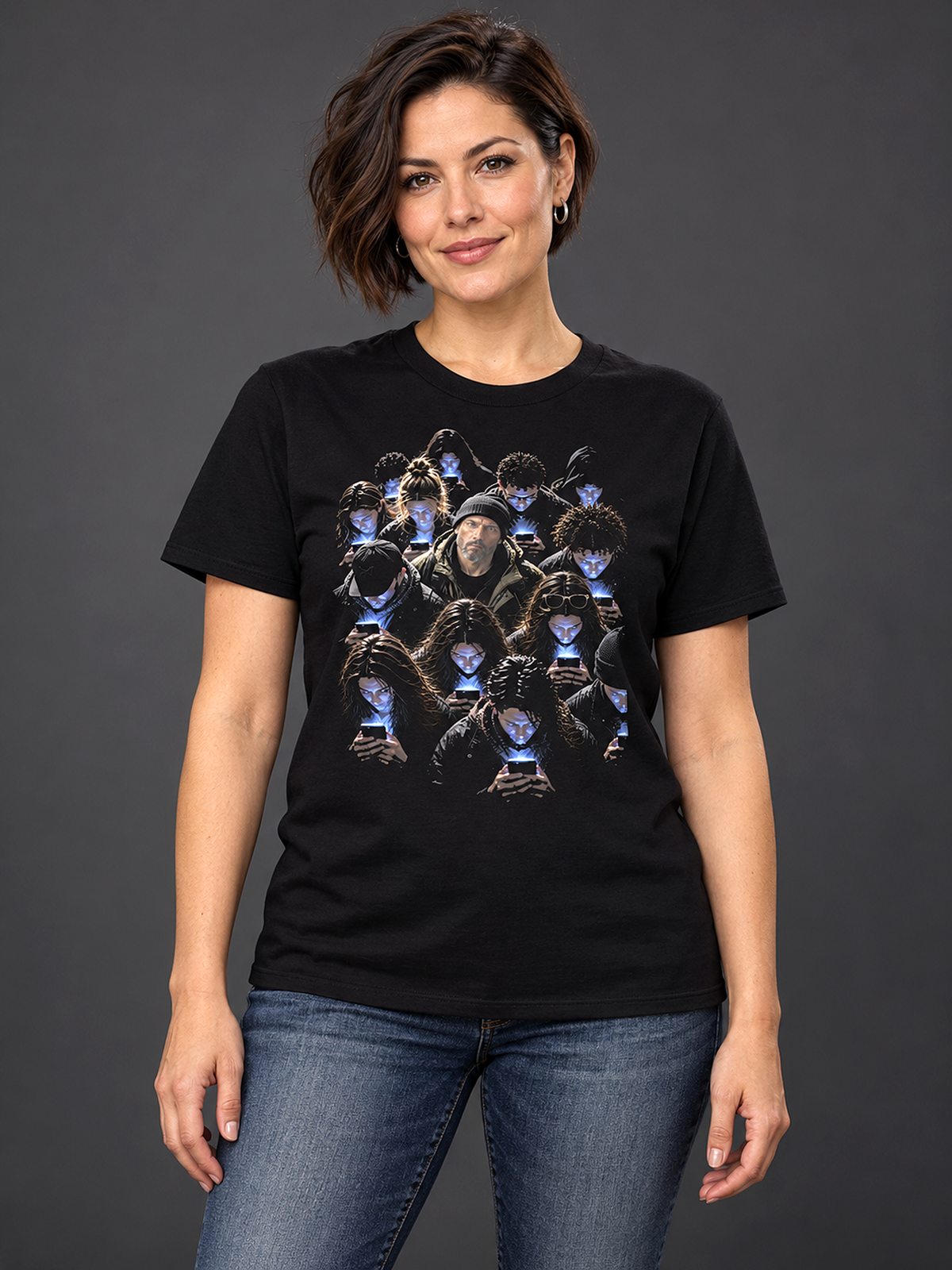 A woman modeling a scroll zombies t-shirt, black graphic tee, crowd on phones illustration, glowing phone screen design, one person looking up graphic, zombie crowd portrait art, moody high-contrast print, social commentary streetwear graphic, phone addiction satire design, unisex crew neck shirt