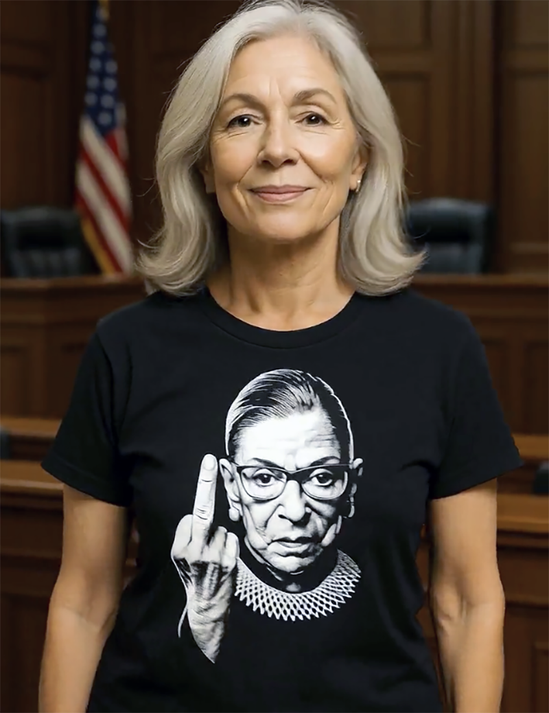 RBG Dissent Delivered Supreme Court Justice portrait tee worn by model courtroom black t-shirt