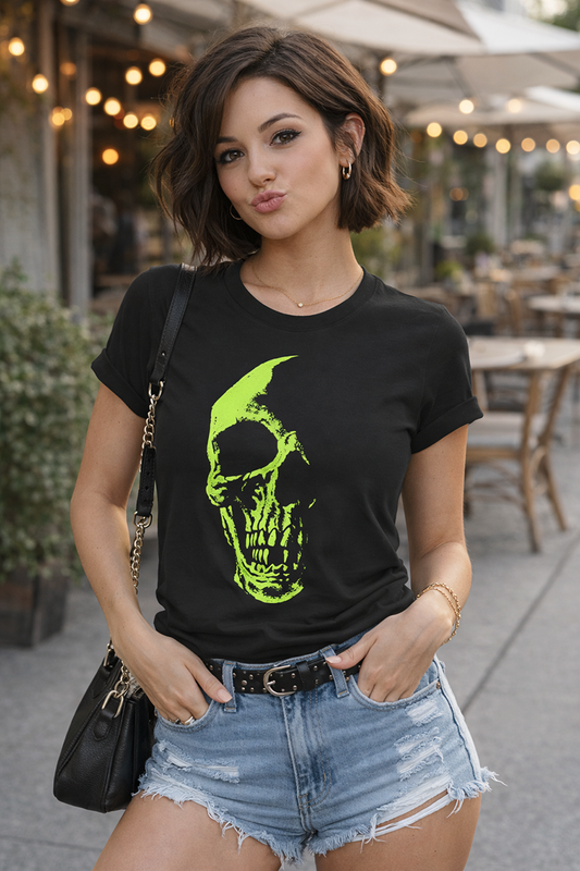 Neon Reaper toxic green skull grim reaper black graphic t-shirt front view