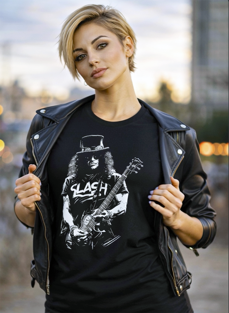 Slash rock guitar legend portrait tribute tee worn by model black t-shirt urban setting