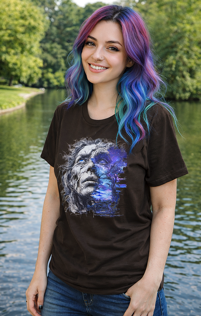 Roots of the Infinite cosmic surreal portrait tee worn by model riverside park dark chocolate t-shirt