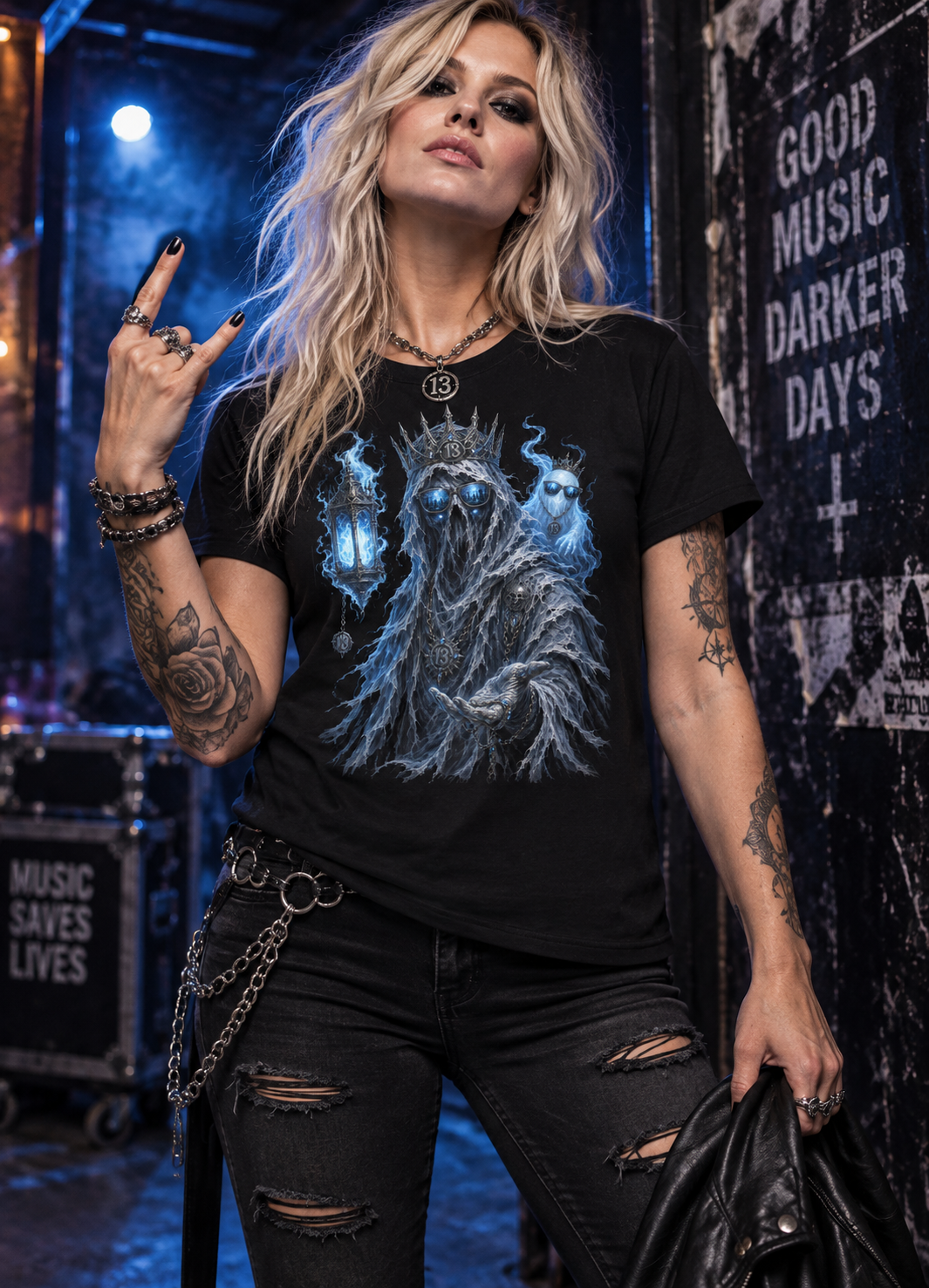 A woman models a ghost king t-shirt, black graphic tee, hooded specter illustration, spiked crown design, glowing blue lantern, gothic sunglasses graveyard reflection, spectral companion graphic, halloween horror tee, gothic streetwear design, unisex crew neck shirt