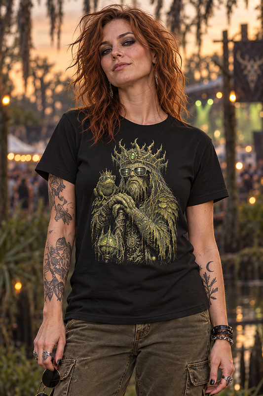 A woman wears a swamp creature t-shirt, black graphic tee, moss covered king illustration, thorned crown design, gnarled staff graphic, crowned frog companion, gothic sunglasses design, halloween monster tee, bog king streetwear tee, unisex crew neck shirt