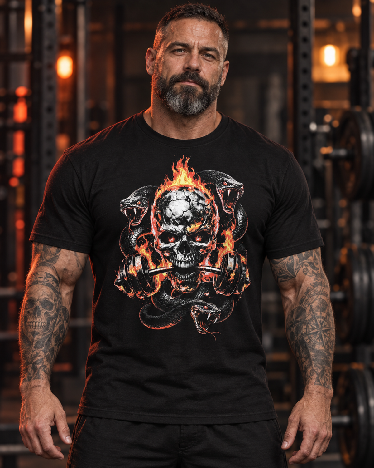 A man wearing a venom skull t-shirt, black graphic tee, flaming skull graphic design, three snake gym illustration, skull and barbell design, fire effect print, gym motivation shirt, horror fitness graphic, powerlifting streetwear design, unisex crew neck shirt