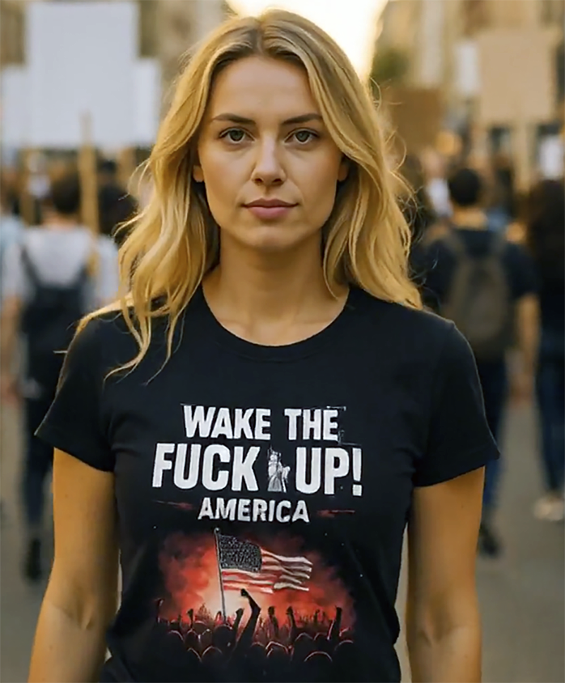 Wake Up America protest political statement tee worn by model at march black t-shirt