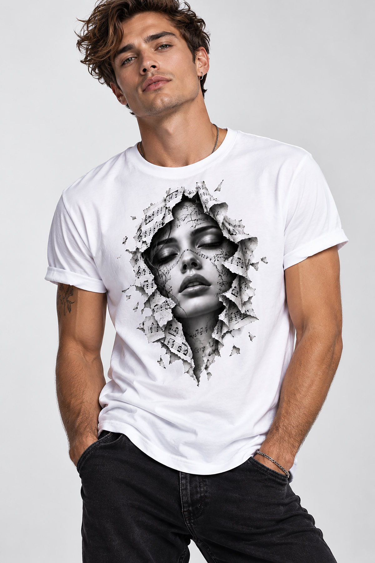 A man wearing a white short-sleeve graphic the music within t-shirt, white graphic tee, woman face sheet music illustration, torn paper portrait design, musical notes face art, black and white photorealistic print, music lover graphic shirt, staff lines face design, artistic monochrome portrait, unisex crew neck shirt