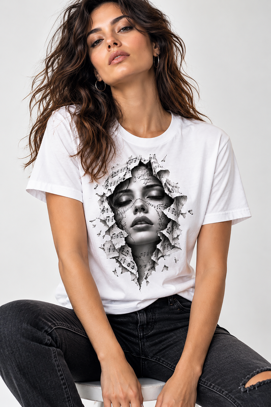 A woman wearing a white short-sleeve graphic the music within t-shirt, white graphic tee, woman face sheet music illustration, torn paper portrait design, musical notes face art, black and white photorealistic print, music lover graphic shirt, staff lines face design, artistic monochrome portrait, unisex crew neck shirt