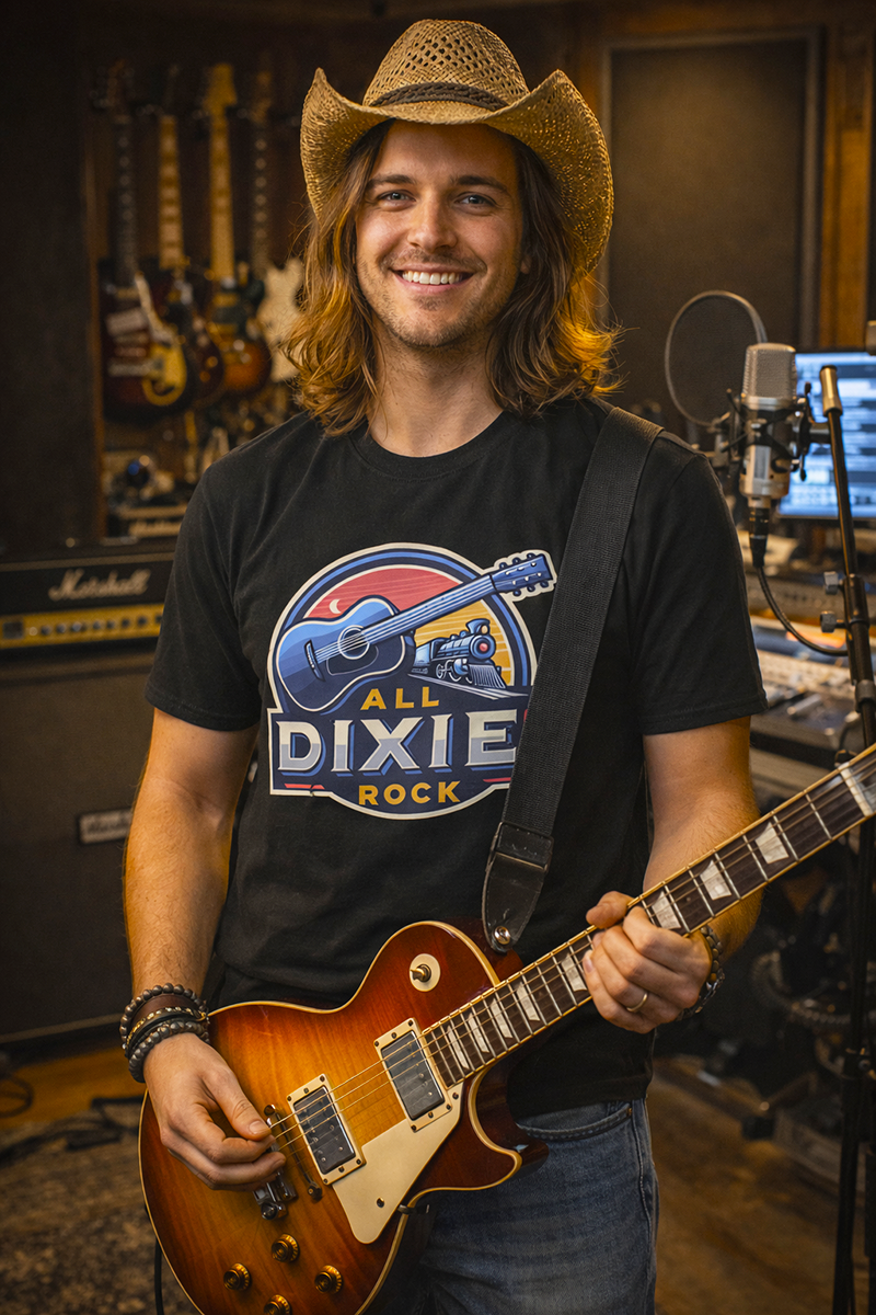 All Dixie Rock Southern rock internet radio fan tee worn by male model in cowboy hat holding Les Paul guitar in recording studio black t-shirt