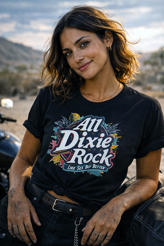 All Dixie Rock Southern rock radio station fan tee worn by female model leaning on motorcycle desert landscape black t-shirt