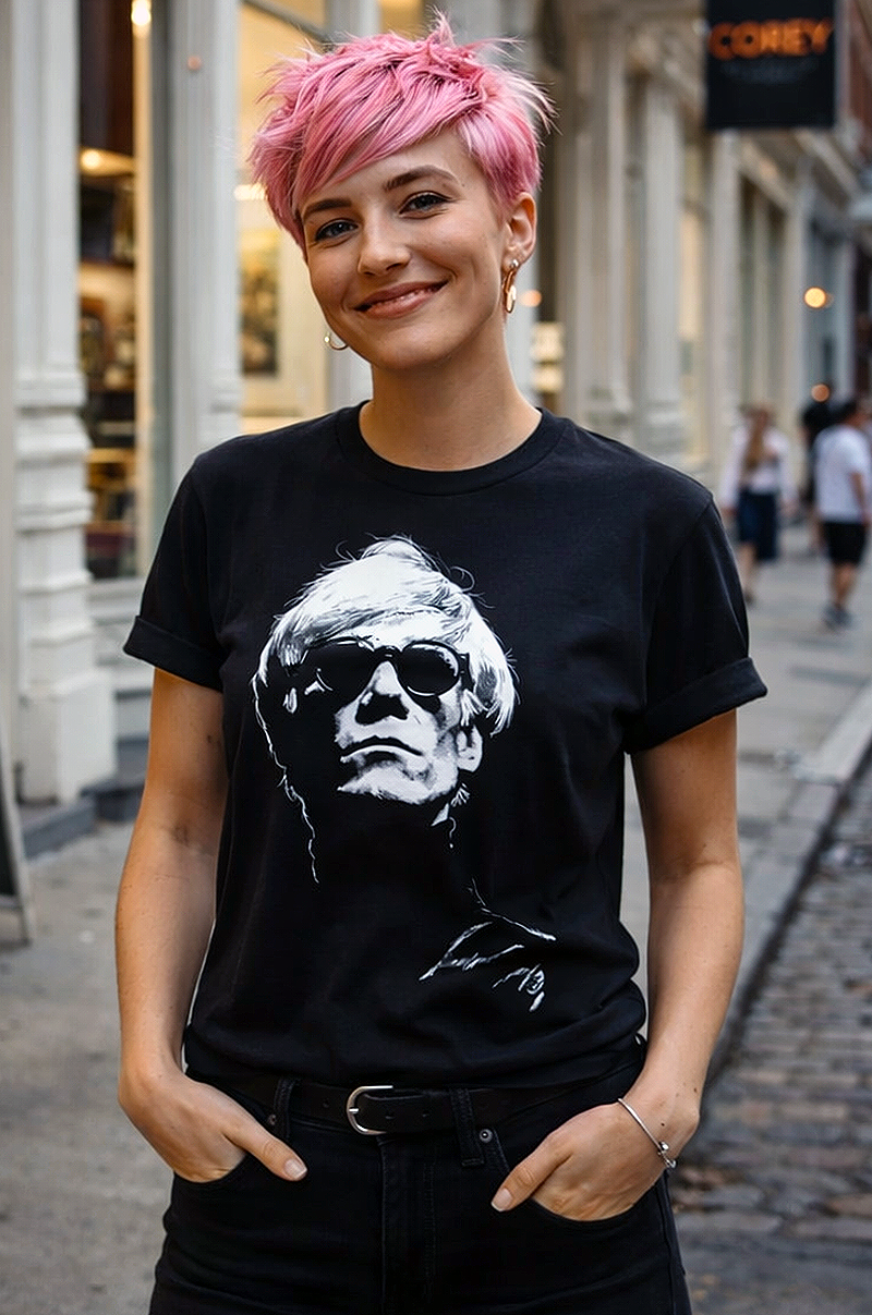 Andy Warhol Pop Prophet portrait tee worn by female model with pink hair on SoHo cobblestone street New York City black t-shirt