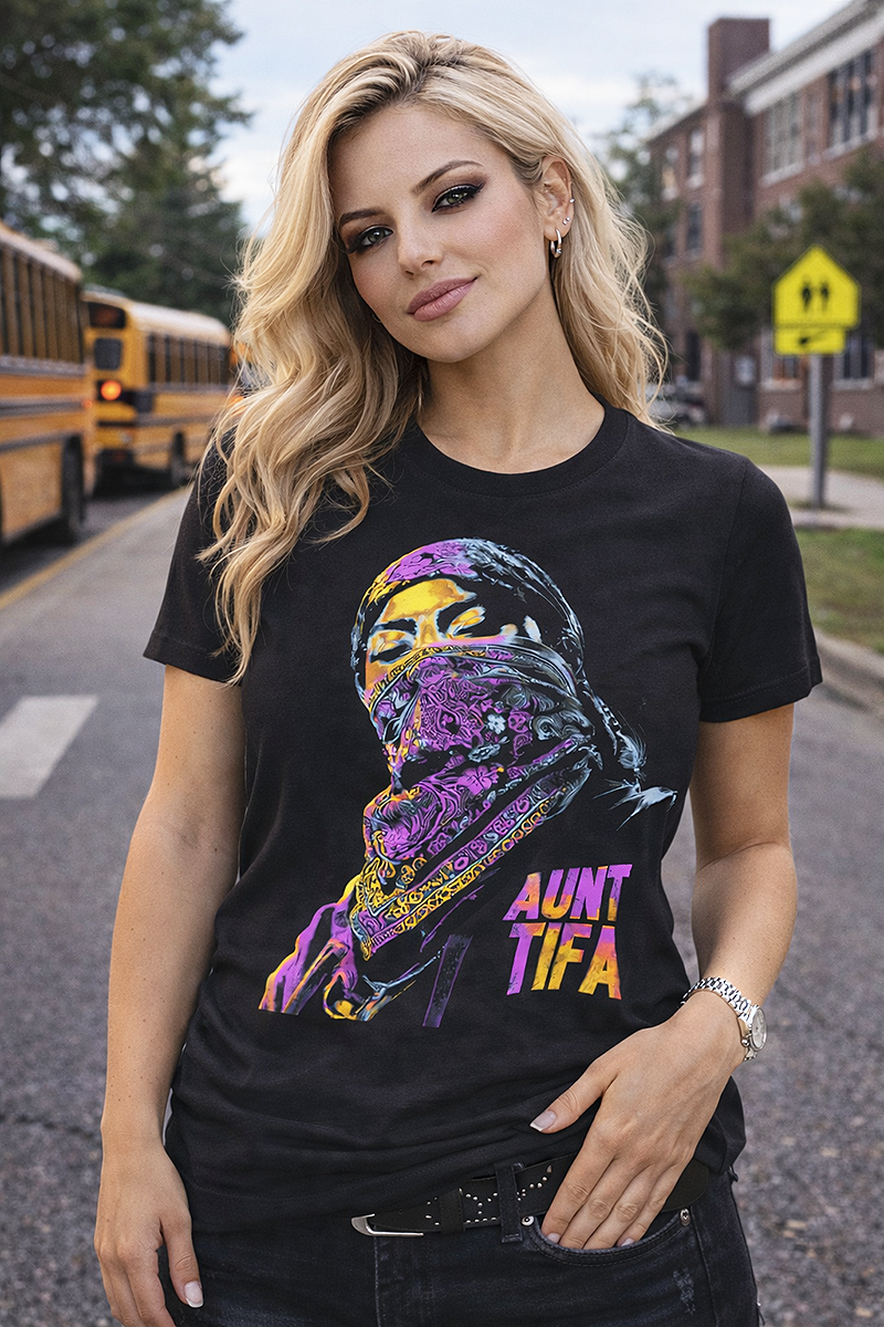 Aunt Tifa two sided political protest street art tee worn by blonde female model in front of school buses black t-shirt