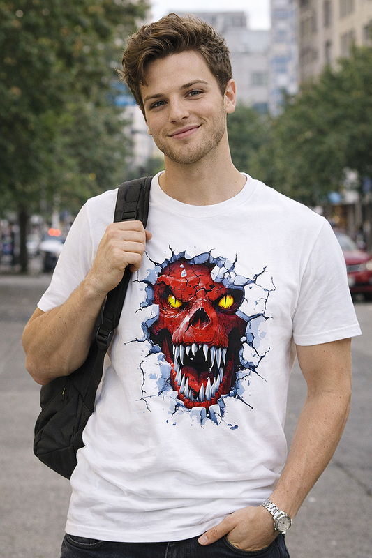 The Beast Within red demon skull horror graphic tee worn by young male model with backpack on urban street white t-shirt