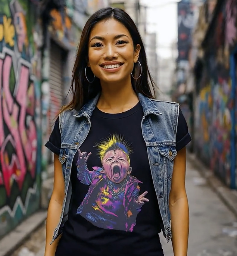 Born to Rock punk rock baby graphic tee worn by female model in denim vest graffiti alley street art black t-shirt
