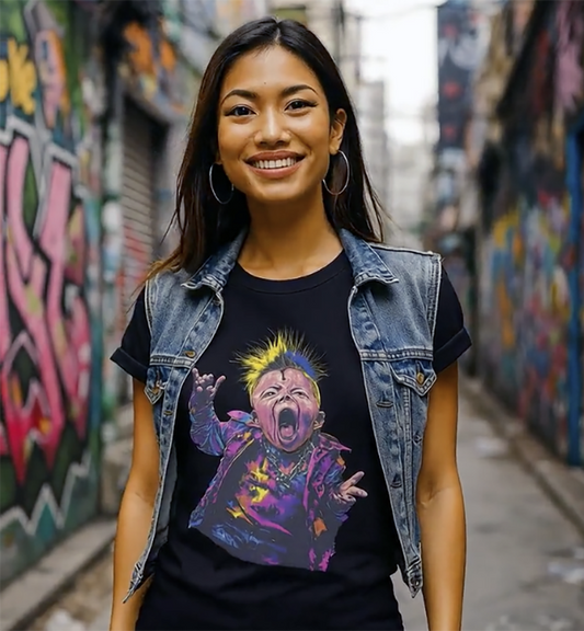 Born to Rock punk rock baby graphic tee worn by female model in denim vest graffiti alley street art black t-shirt
