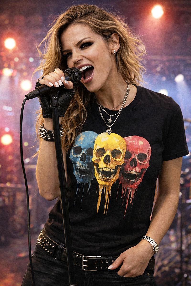 Chromatic Skulls blue yellow red drip graphic tee worn by female rock vocalist screaming into microphone on concert stage black t-shirt