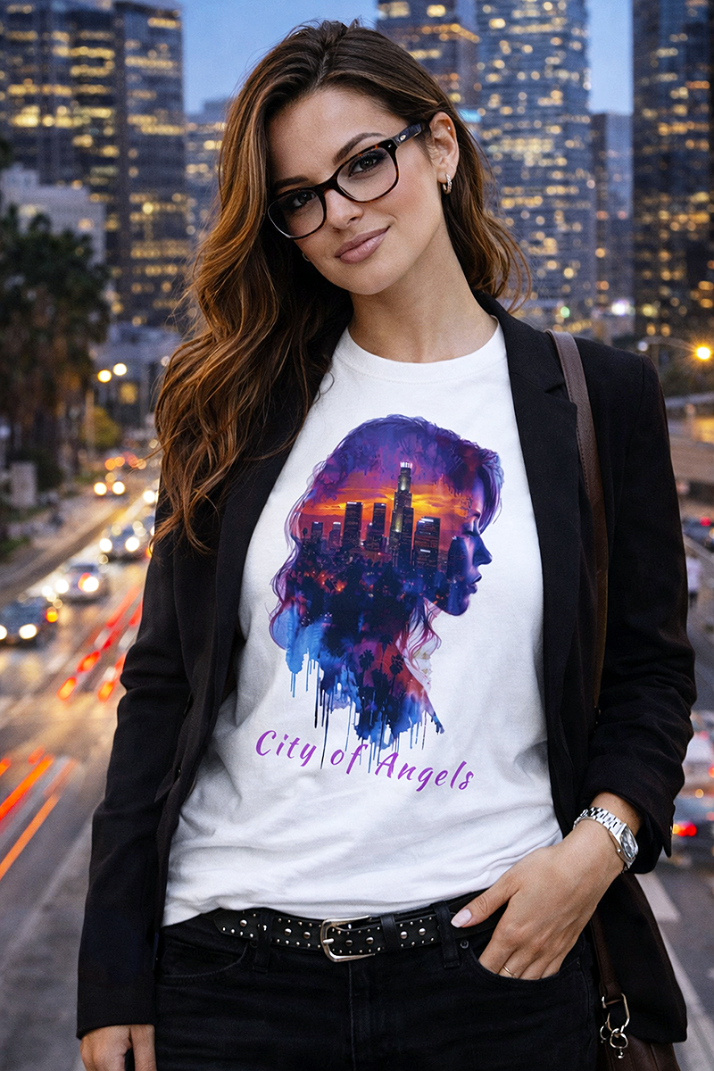 City of Angels Los Angeles skyline double exposure graphic tee worn by female model with glasses in black blazer on LA freeway overpass at dusk white t-shirt