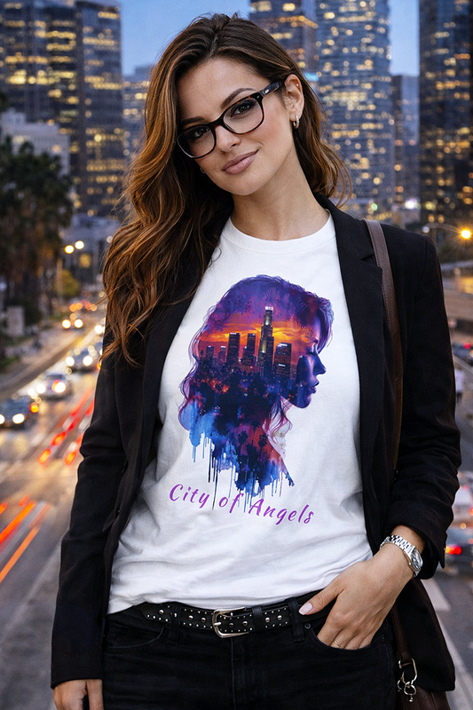 City of Angels Los Angeles skyline double exposure graphic tee worn by female model with glasses in black blazer on LA freeway overpass at dusk white t-shirt