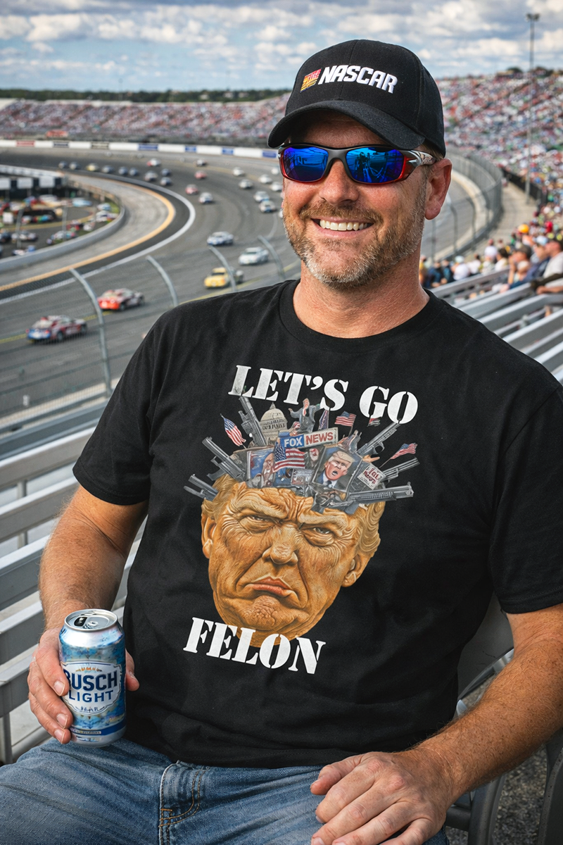 Convicted Chaos Let's Go Felon Trump satire graphic tee worn by male NASCAR fan sitting at race with beer black t-shirt