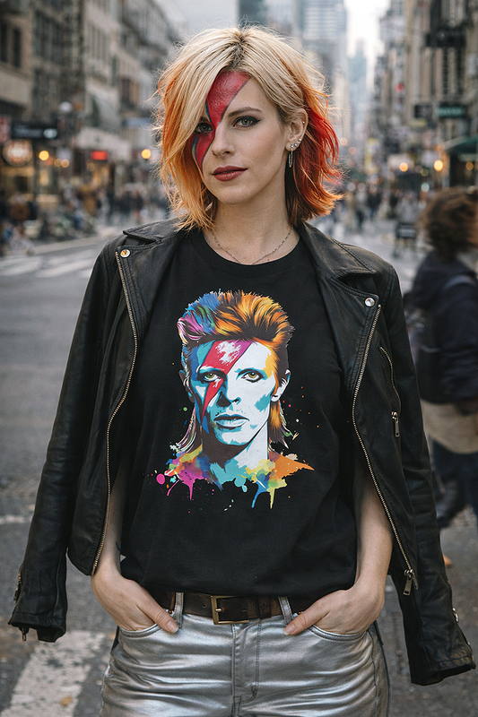 David Bowie Ziggy Stardust pop art portrait graphic tee worn by female model with lightning bolt face paint and orange hair on New York City street black t-shirt