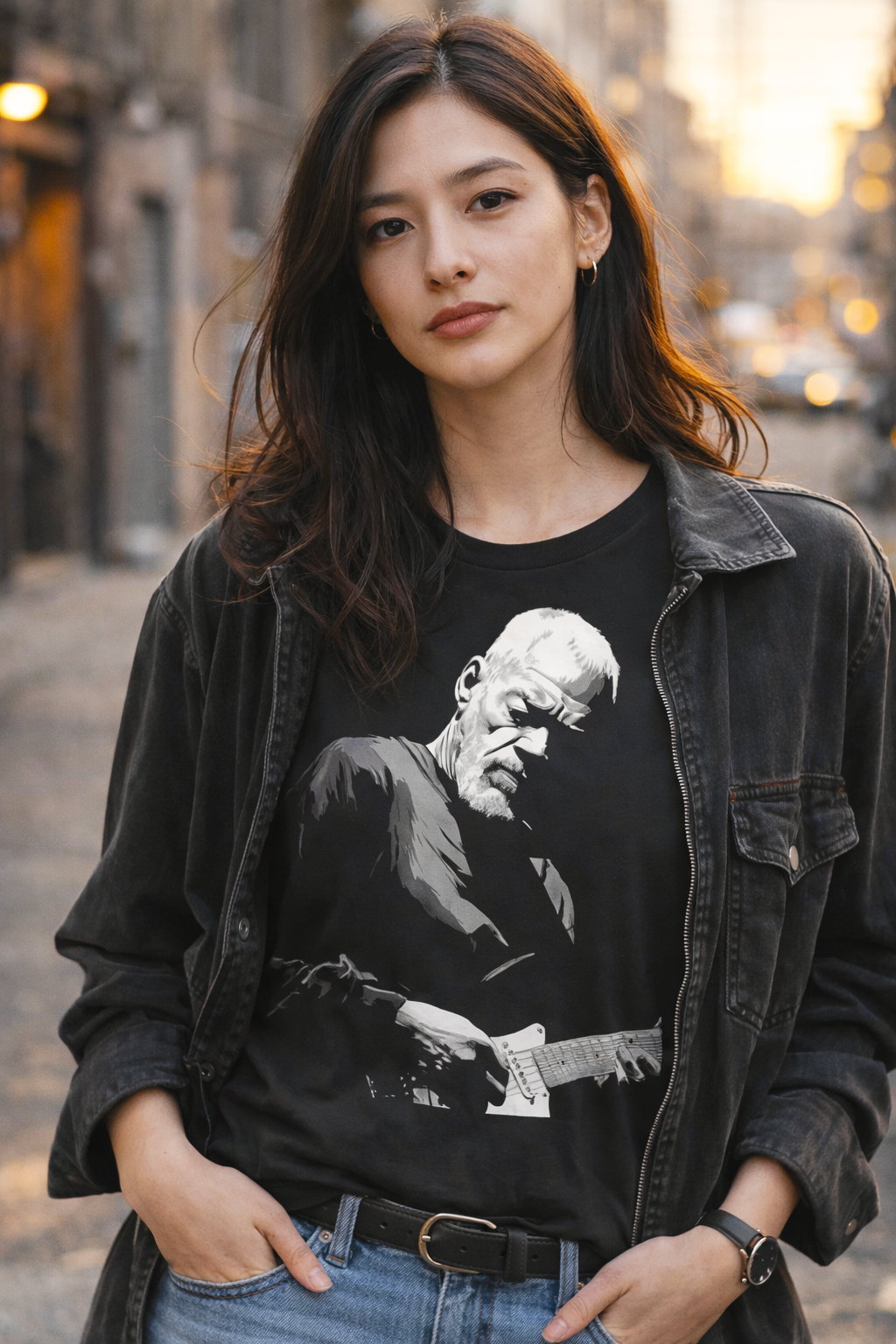 David Gilmour Silent Riff Pink Floyd blues rock portrait tee worn by female model in dark denim jacket cobblestone street golden hour black t-shirt