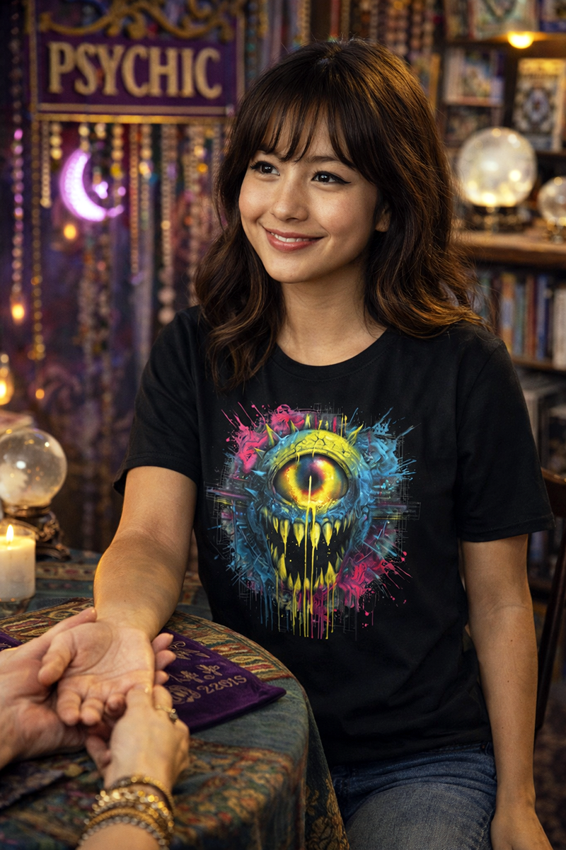 Dead Eye neon monster eye horror graphic tee worn by female model in psychic shop setting black t-shirt