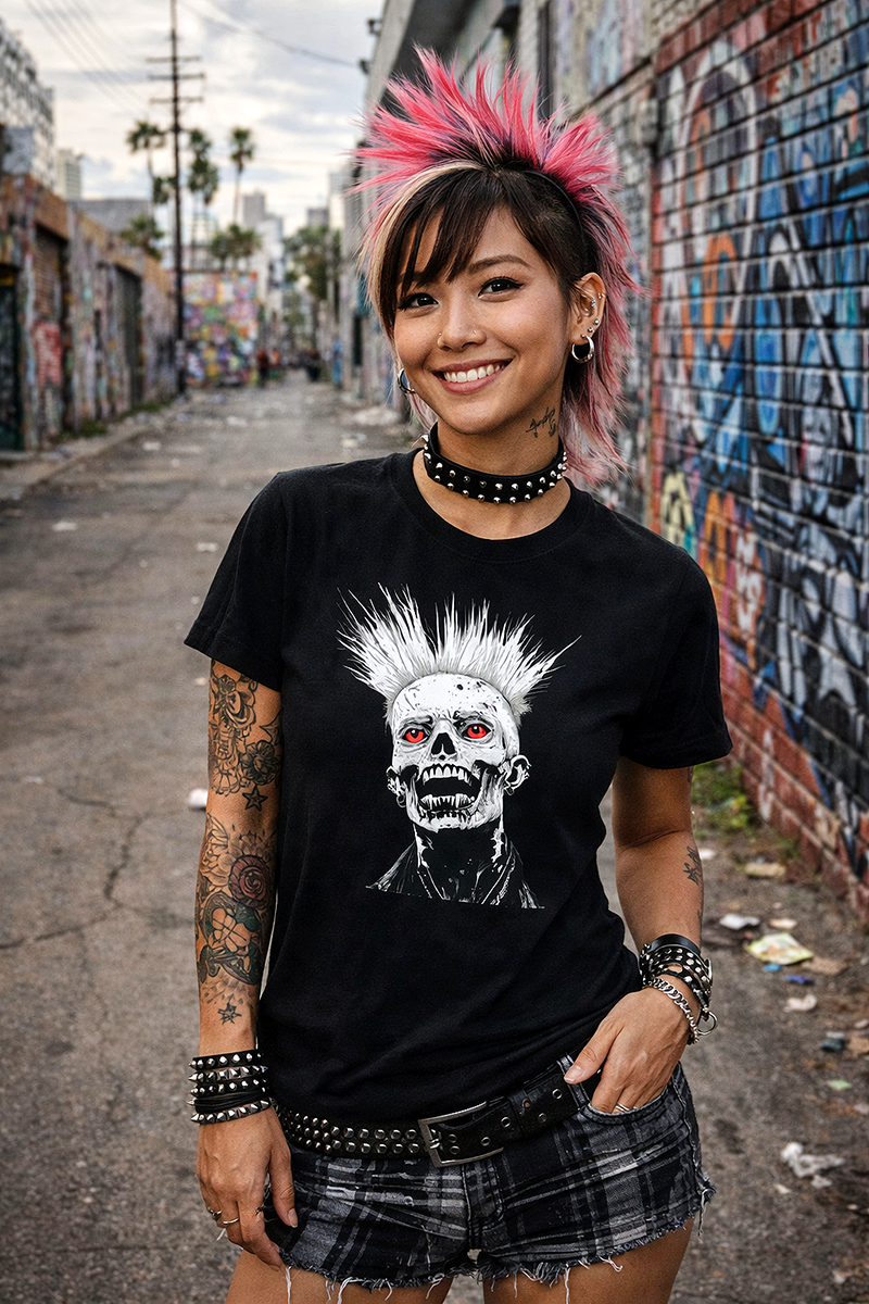 Dead On Arrival punk zombie skull mohawk graphic tee worn by female punk model with pink mohawk in LA graffiti alley black t-shirt