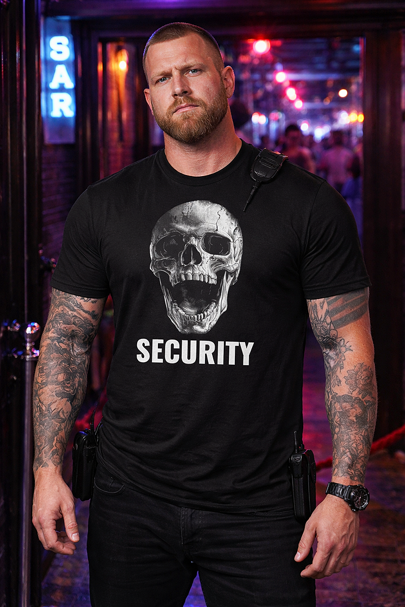 Deathproof Security skull bouncer graphic tee worn by tattooed male bouncer with earpiece outside neon bar entrance black t-shirt
