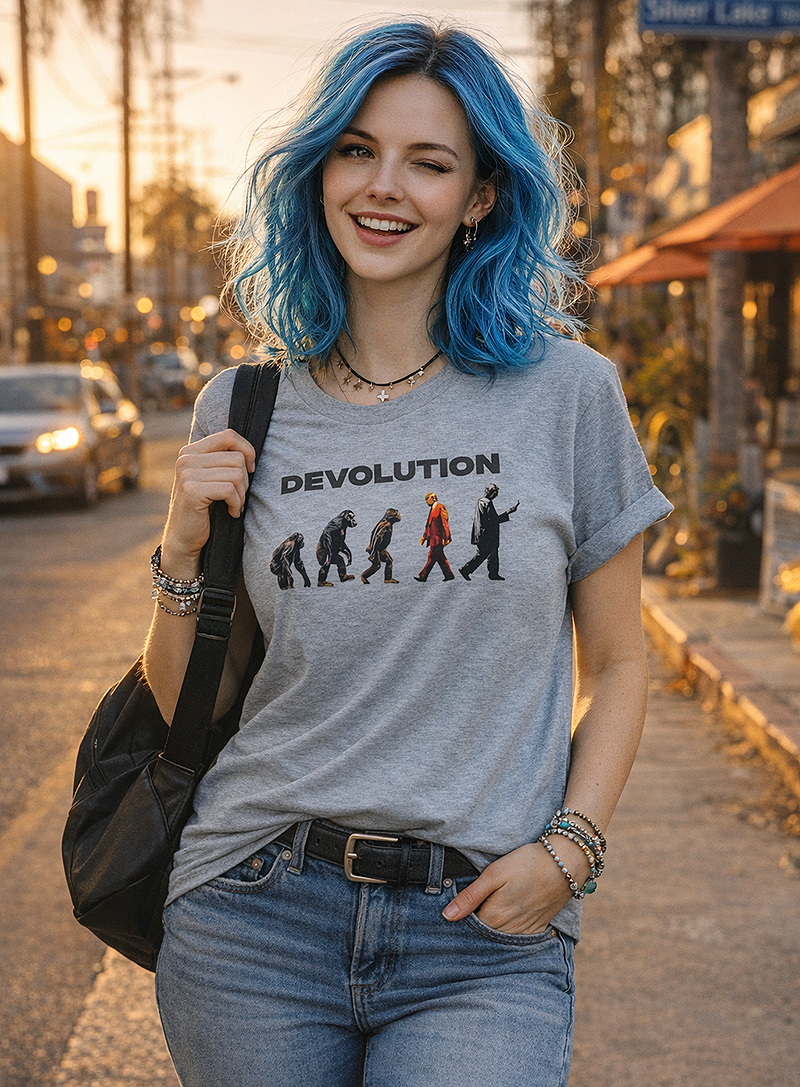 Devolution evolution parody political satire graphic tee worn by blue-haired female model with backpack on Silver Lake LA street at golden hour sport grey t-shirt