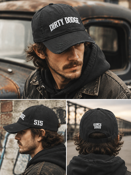 Dirty Dodge distressed black baseball cap with silver embroidery Fort Dodge Iowa 515 area code Since 1869 local pride hat