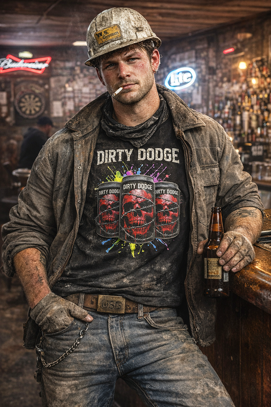 Dirty Dodge skull cans Fort Dodge Iowa pride graphic tee worn by gypsum miner model with hardhat and cigarette at dive bar black t-shirt