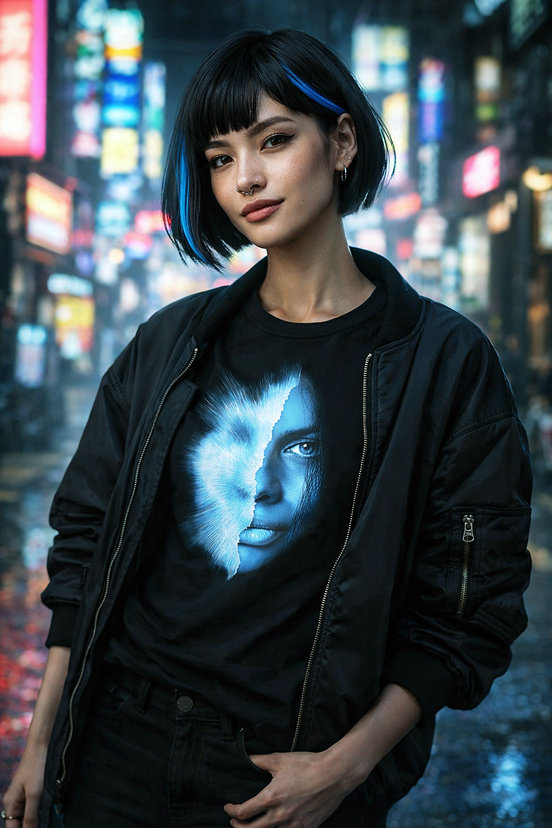 Divided Light split face wolf surreal art tee worn by female model with blue streaked bob bomber jacket neon city street night black t-shirt