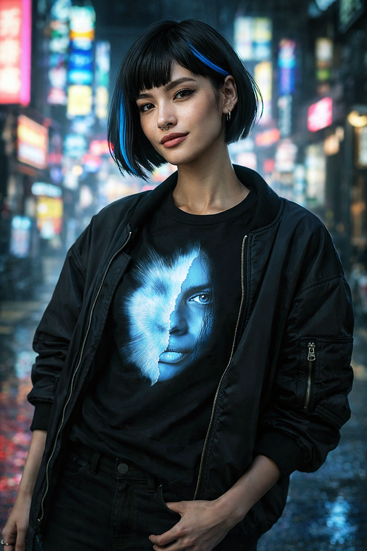 Divided Light split face wolf surreal art tee worn by female model with blue streaked bob bomber jacket neon city street night black t-shirt