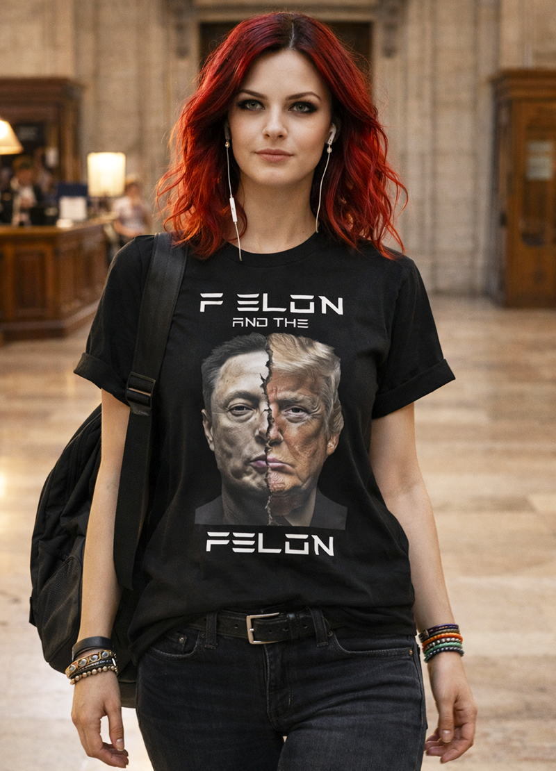 F Elon and the Felon Trump Musk political satire graphic tee worn by red-haired female model with earbuds in grand marble building interior black t-shirt