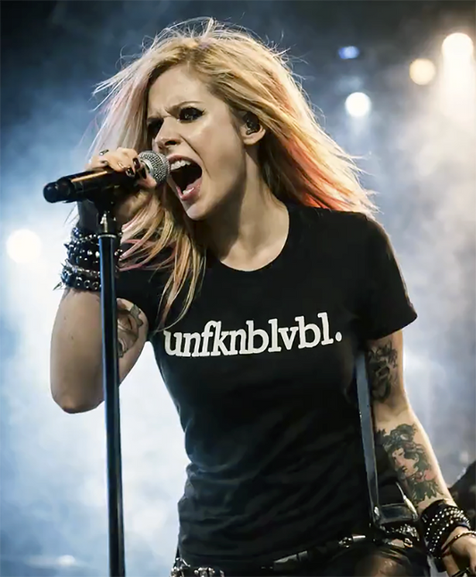 Unfknblvbl bold typography tee worn by female vocalist on concert stage black t-shirt