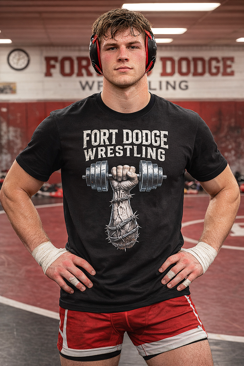 Fort Dodge Wrestling Iron Grip graphic tee worn by male wrestler in Fort Dodge Wrestling gym with headgear and wrist wraps black t-shirt