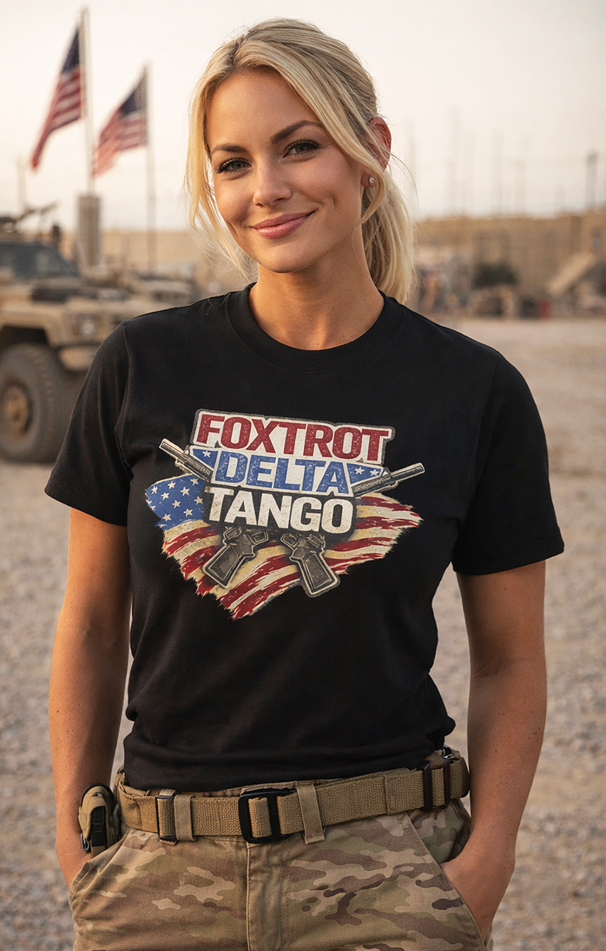 Foxtrot Delta Tango FDT political protest graphic tee worn by female model in military camo gear at US military base with Humvees and American flags black t-shirt