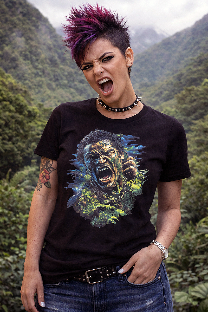 Guardian of the Wild jungle warrior portrait graphic tee worn by female model with purple spiked mohawk spiked choker screaming in misty jungle mountains black t-shirt
