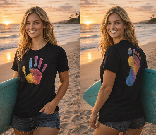 Hand and Sole two-sided rainbow handprint graphic tee worn by female surfer model on beach at golden hour black t-shirt front