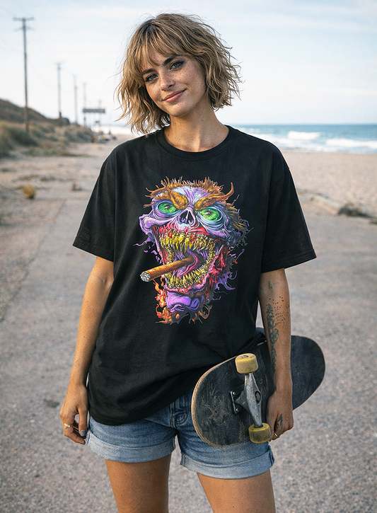 Hellfire Grin neon skull horror graphic tee worn by female skater on coastal road holding skateboard black t-shirt