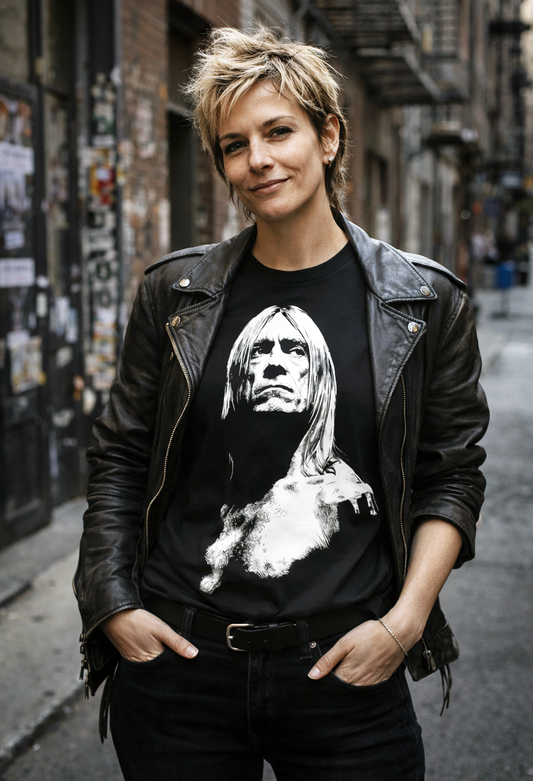 Iggy Pop Raw Power Revival rock legend portrait tee worn by female model in leather jacket gritty New York alley sticker walls black t-shirt