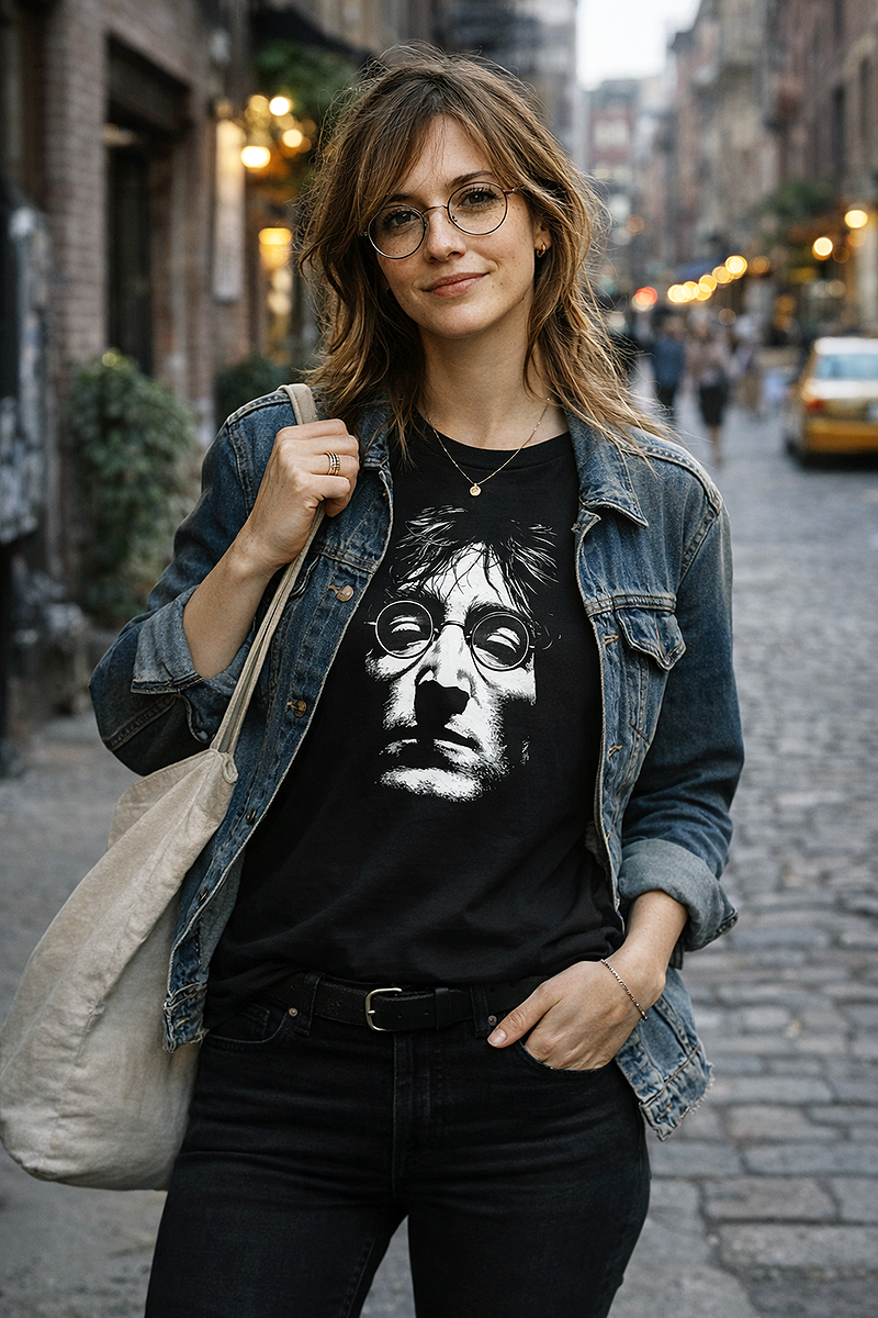 John Lennon Night Visionary rock legend portrait tee worn by female model with round glasses denim jacket canvas tote New York cobblestone street yellow cab black t-shirt