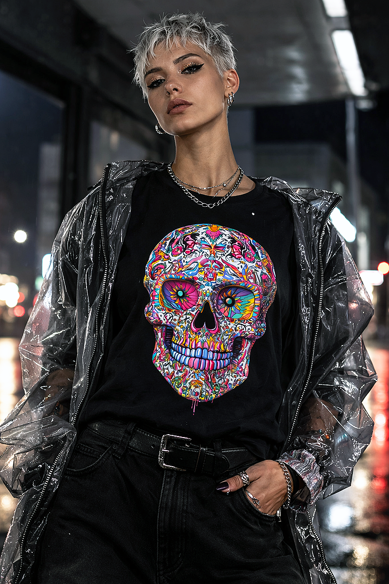 Kaleidoskull psychedelic sugar skull graphic tee worn by platinum-haired female model in clear PVC raincoat on wet city street at night black t-shirt